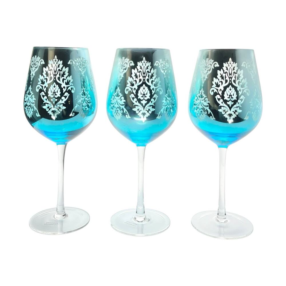 Artland “Brocade, Blue” Set of 3 Wine or Water Glasses 10” 24oz